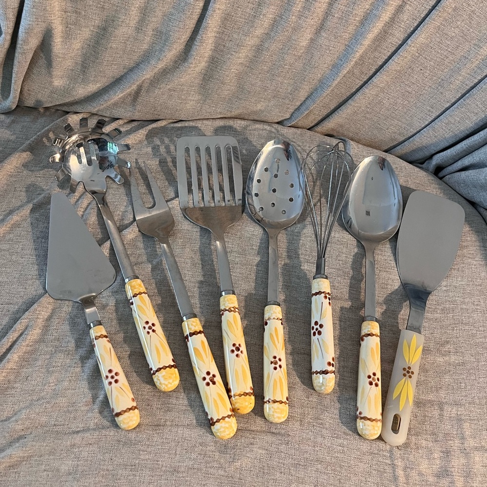 Ceramic-Handle Yellow Floral Kitchen Utensil Set - 8 Piece